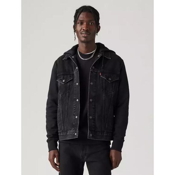 Levi's Men's Hybrid Hoodie Trucker Jacket Denim Black Pockets Drawstring XXL - Picture 1 of 5